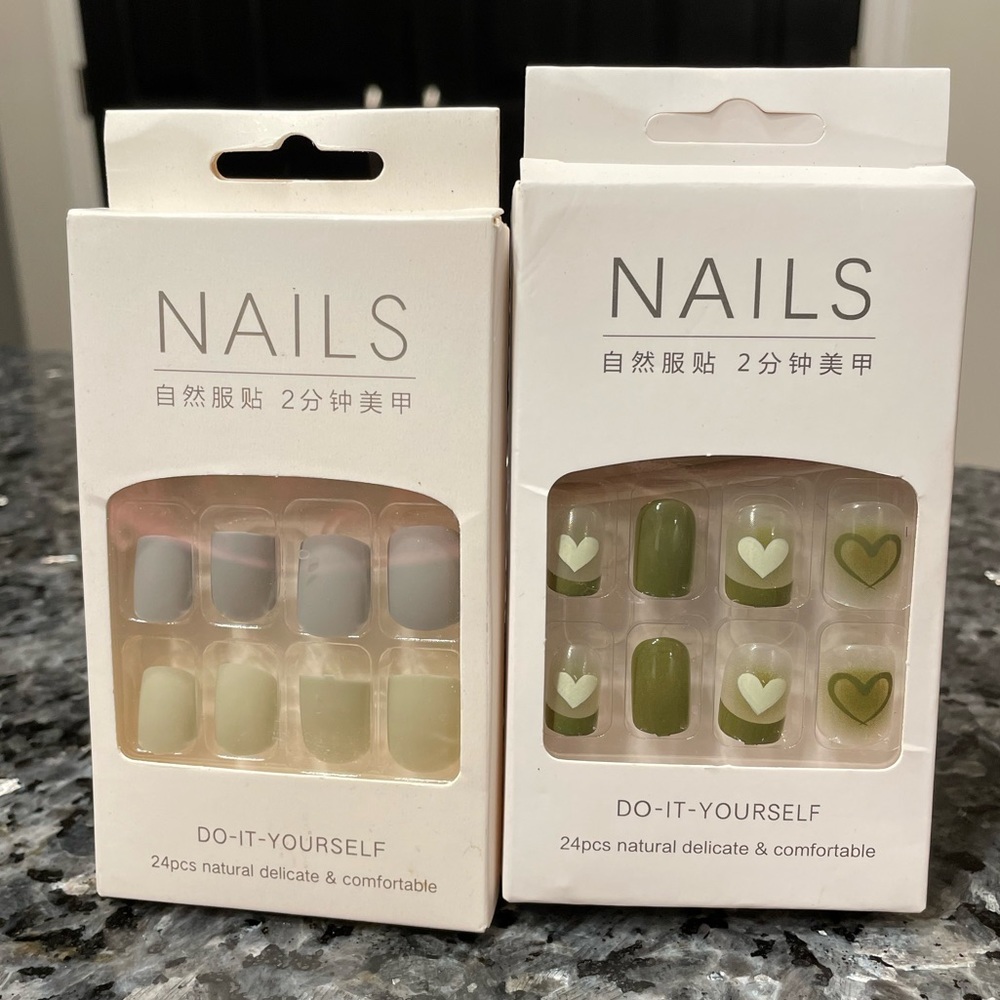 NEW Matcha Green Matte Glossy Heart Airbrush French Tip Press-On Nail Set Bundle